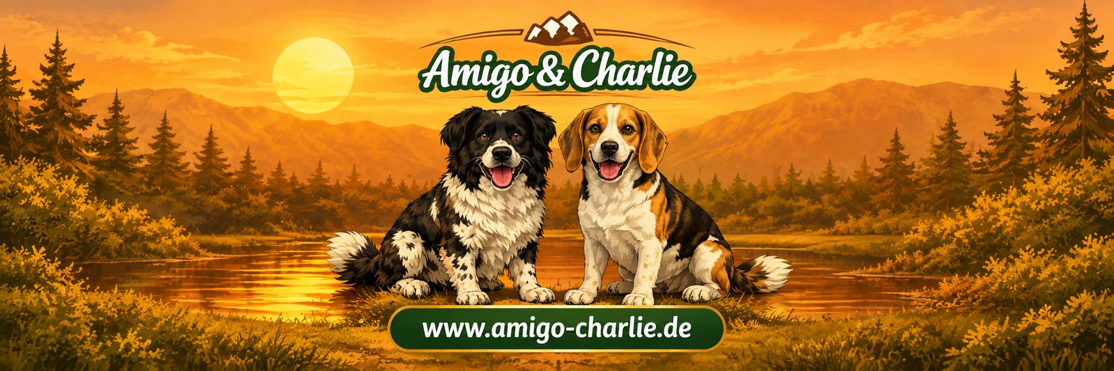 Amigo und Charlie, zwei Hunde, sitzen bei Sonnenuntergang an einem See